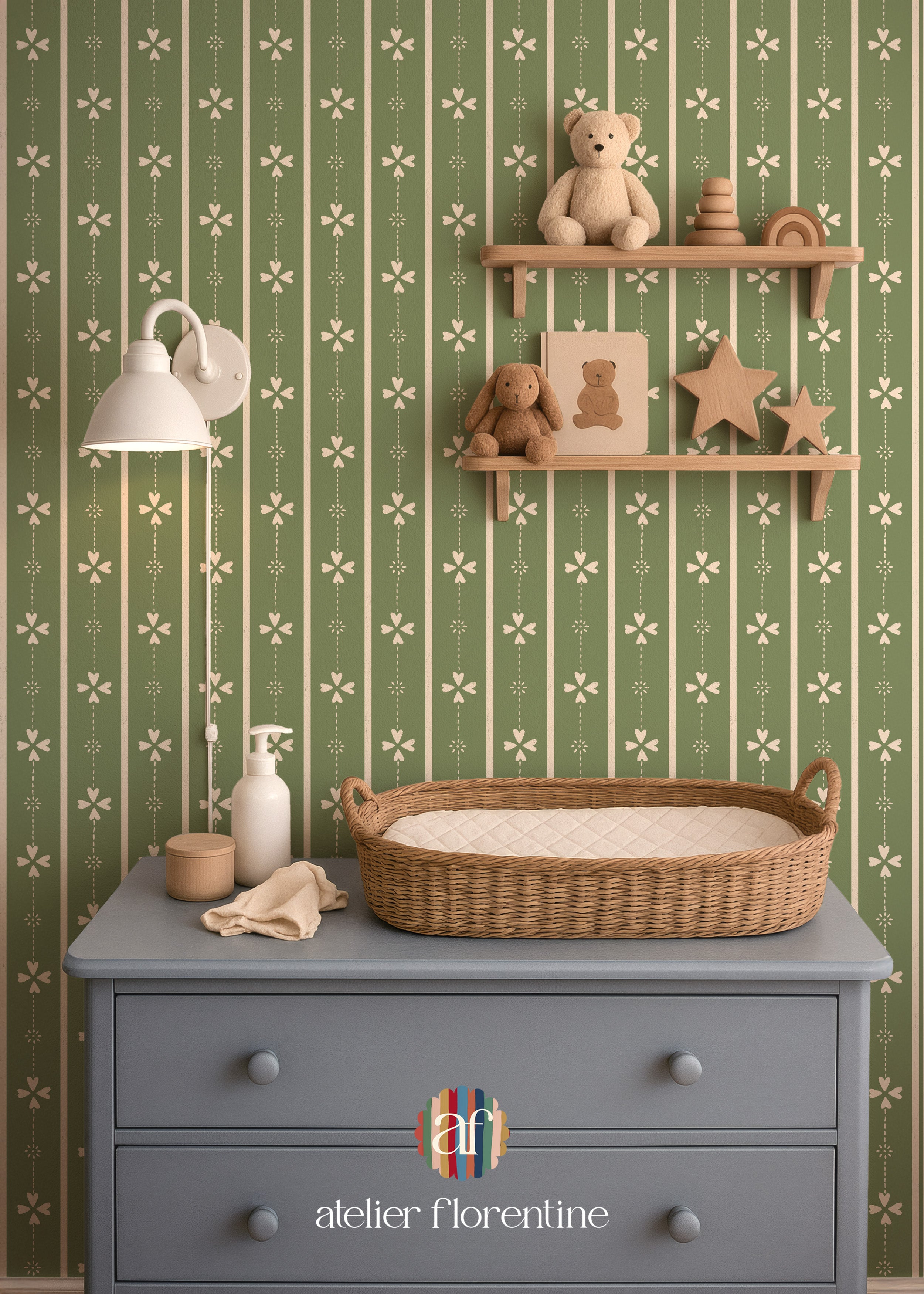 Cottage stripe Wallpaper - Green and White