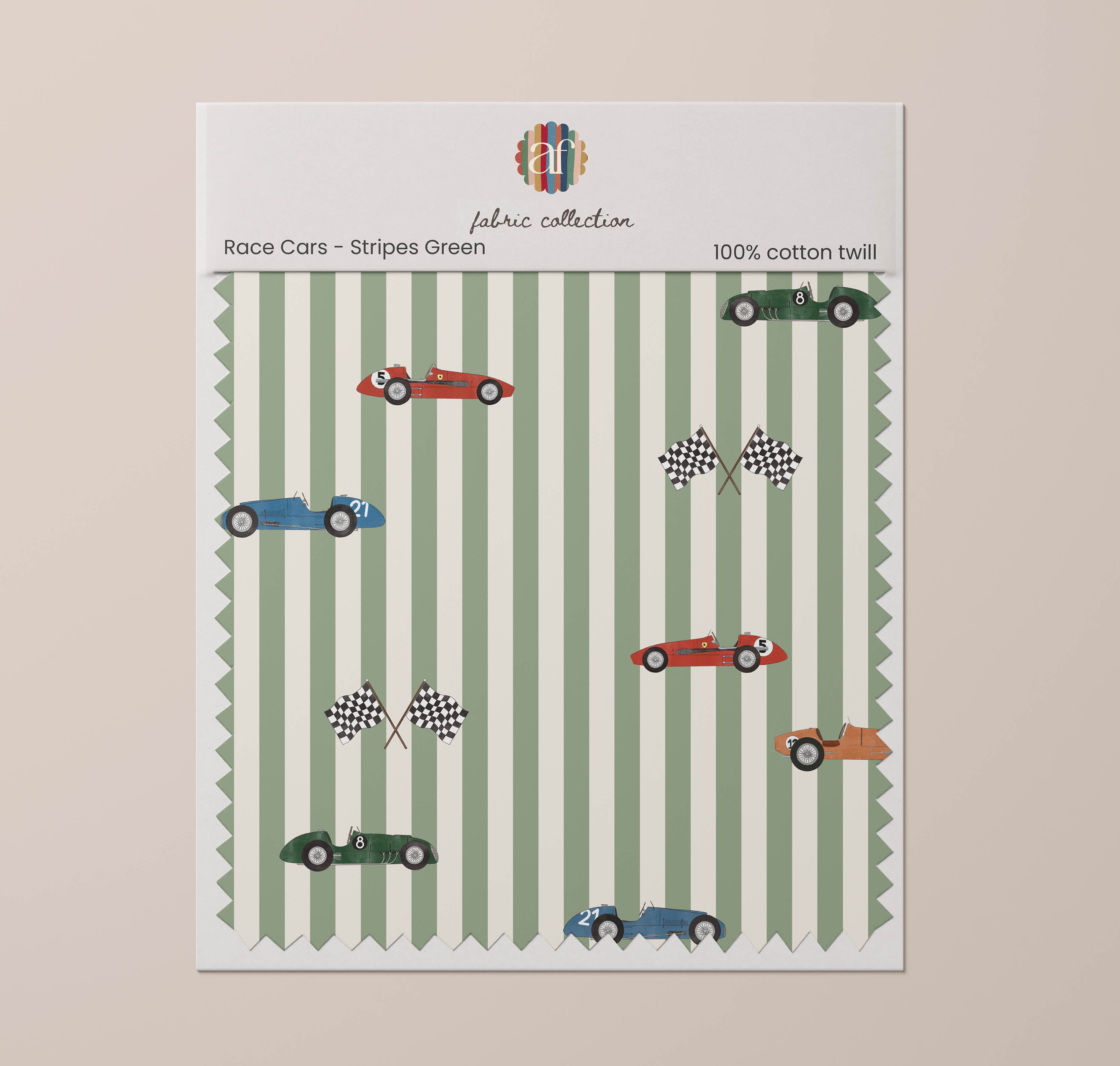 Nursery Fabric - Race Cars Stripes Green