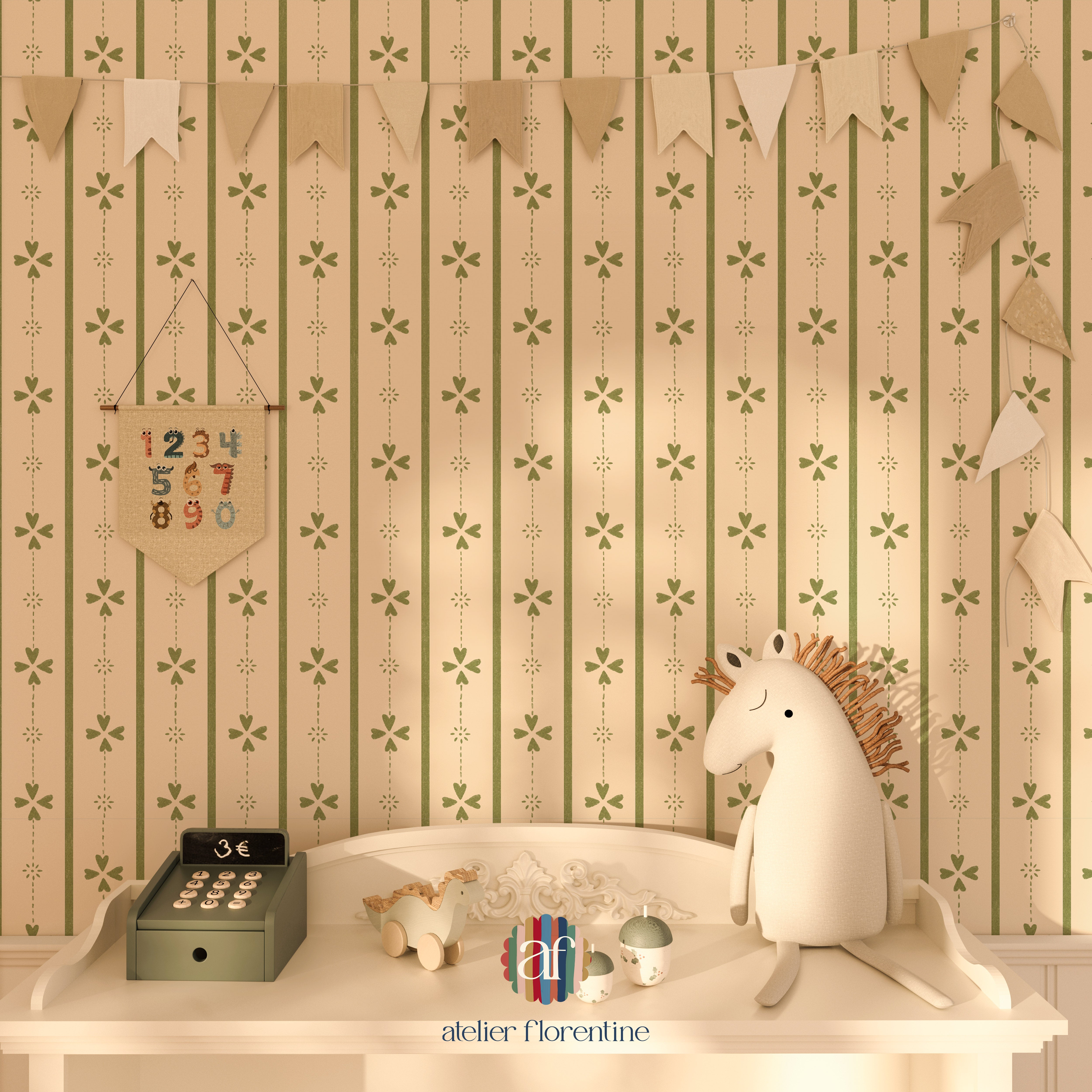 Original Scandinavian Cottage Stripe wallpaper – cozy striped wallpaper for boys and girls.