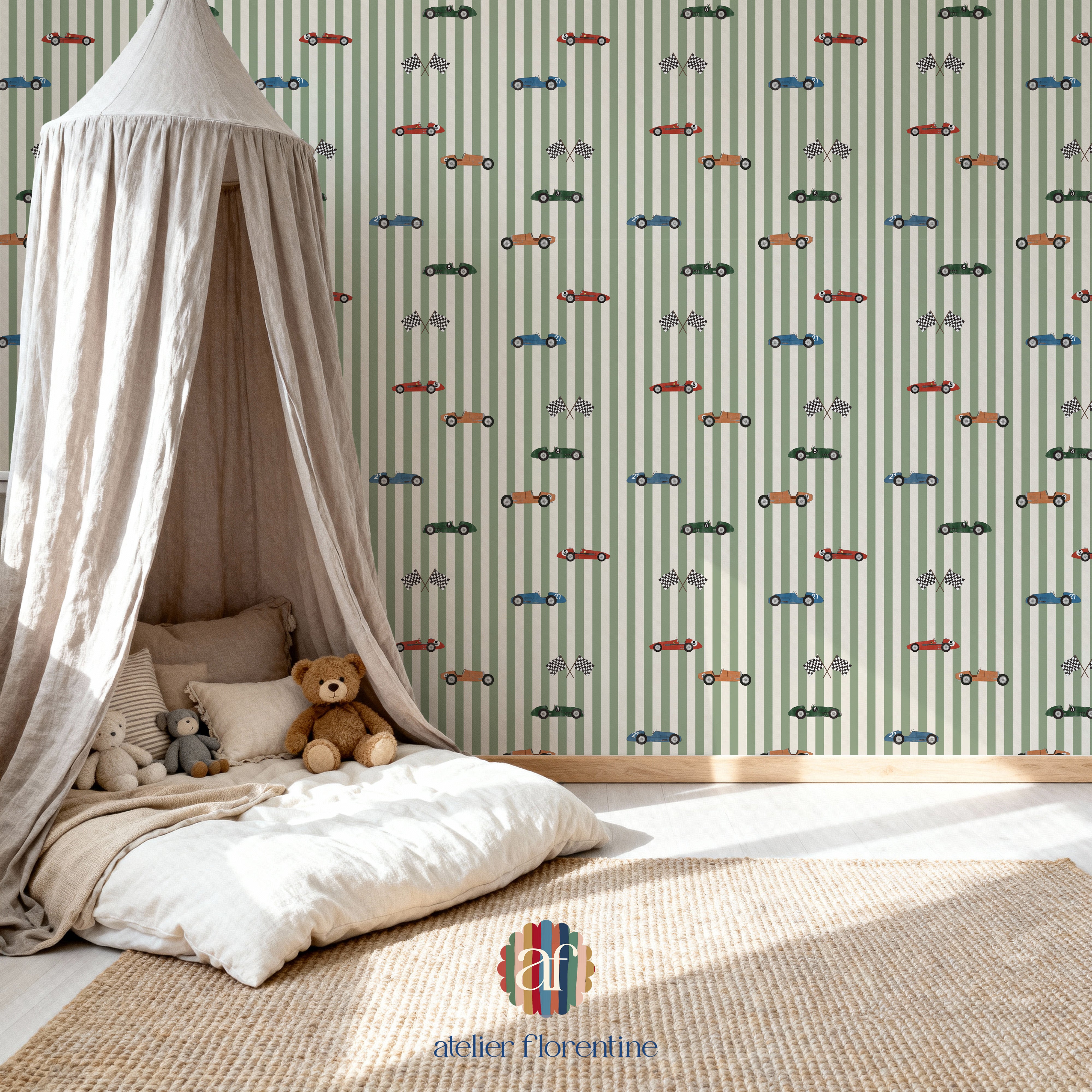 Race Cars Wallpaper - Stripes Green