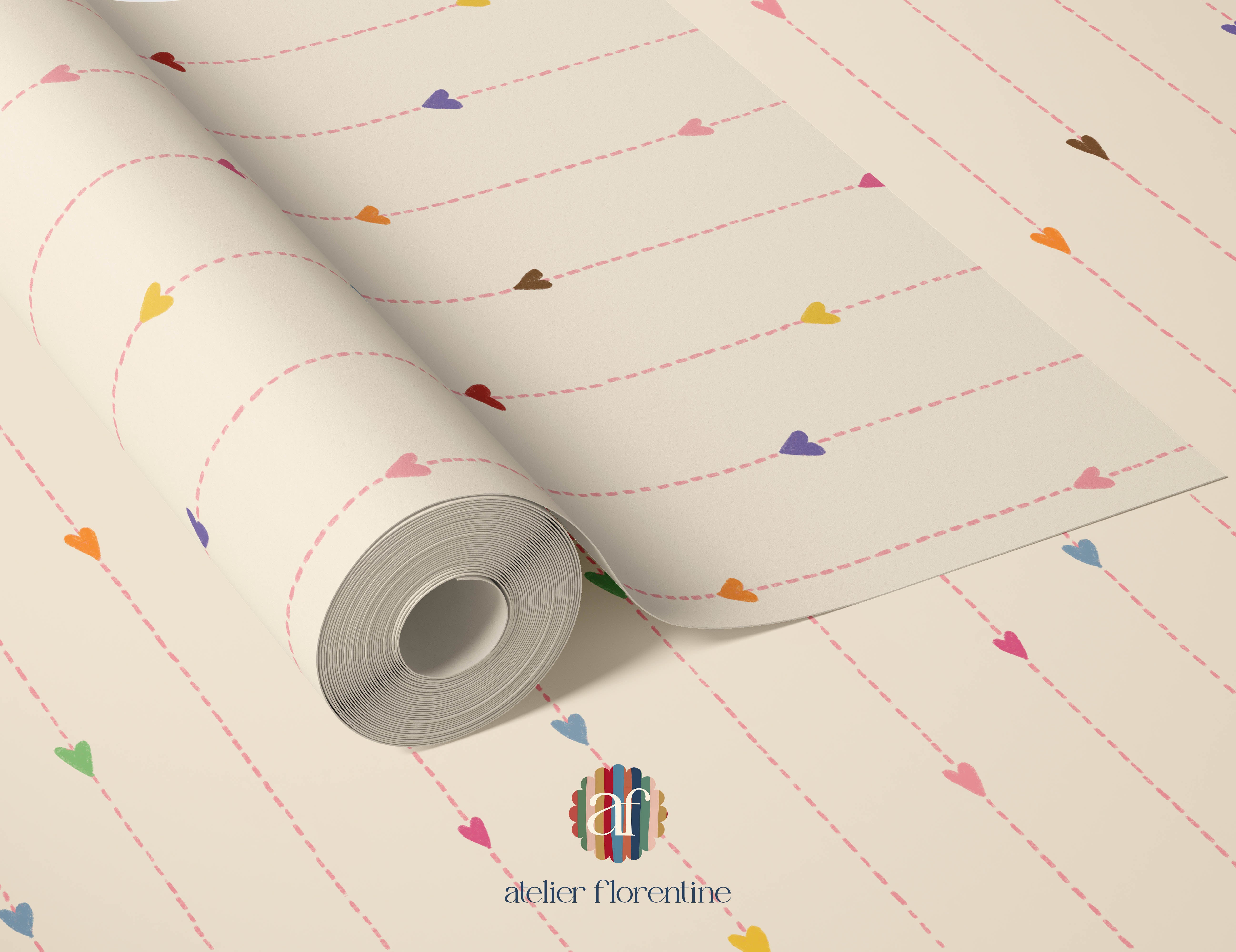 Playful heart-themed children’s wallpaper, ideal for creating a warm and cheerful kids’ room rainbow