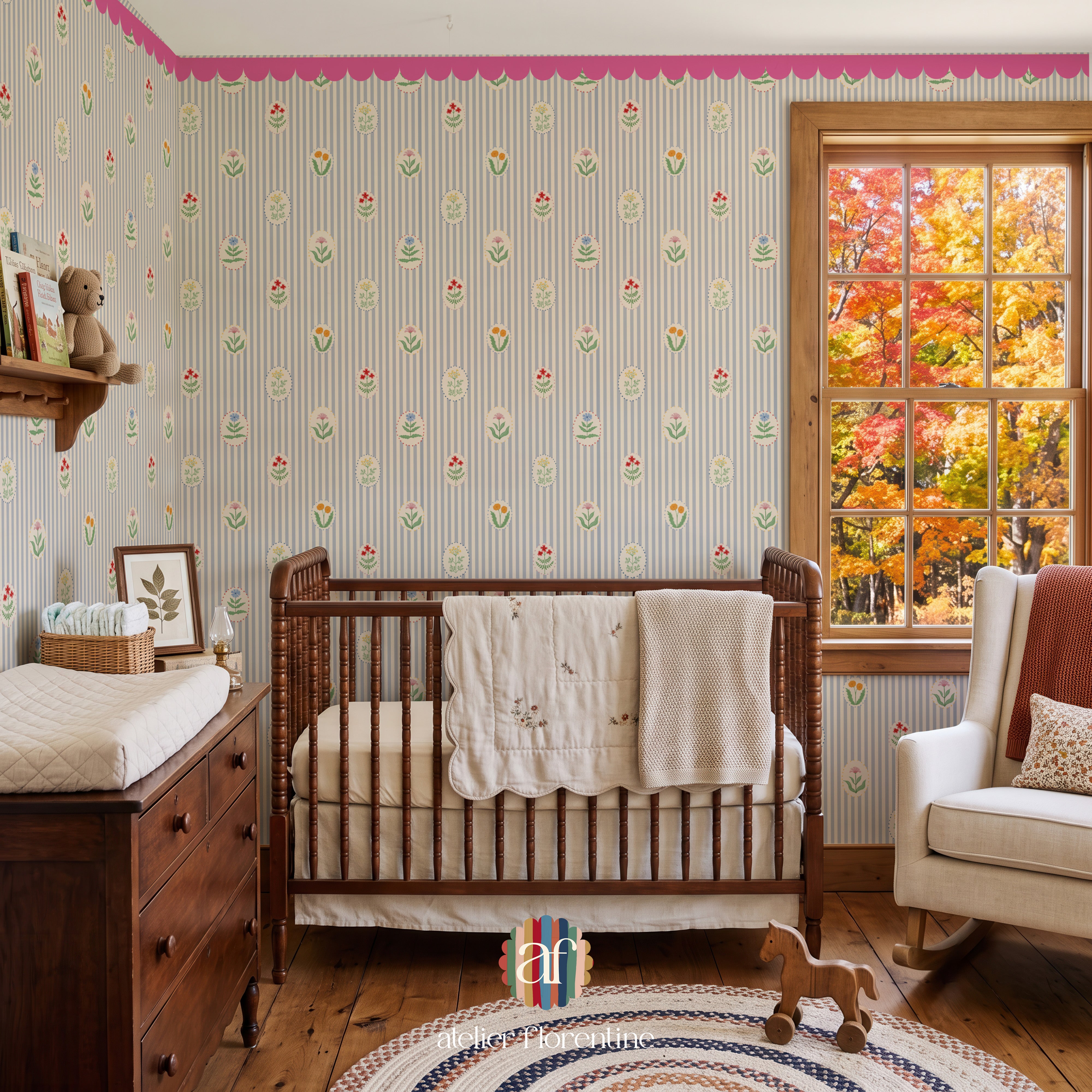 Flower Garden Wallpaper - Striped blue