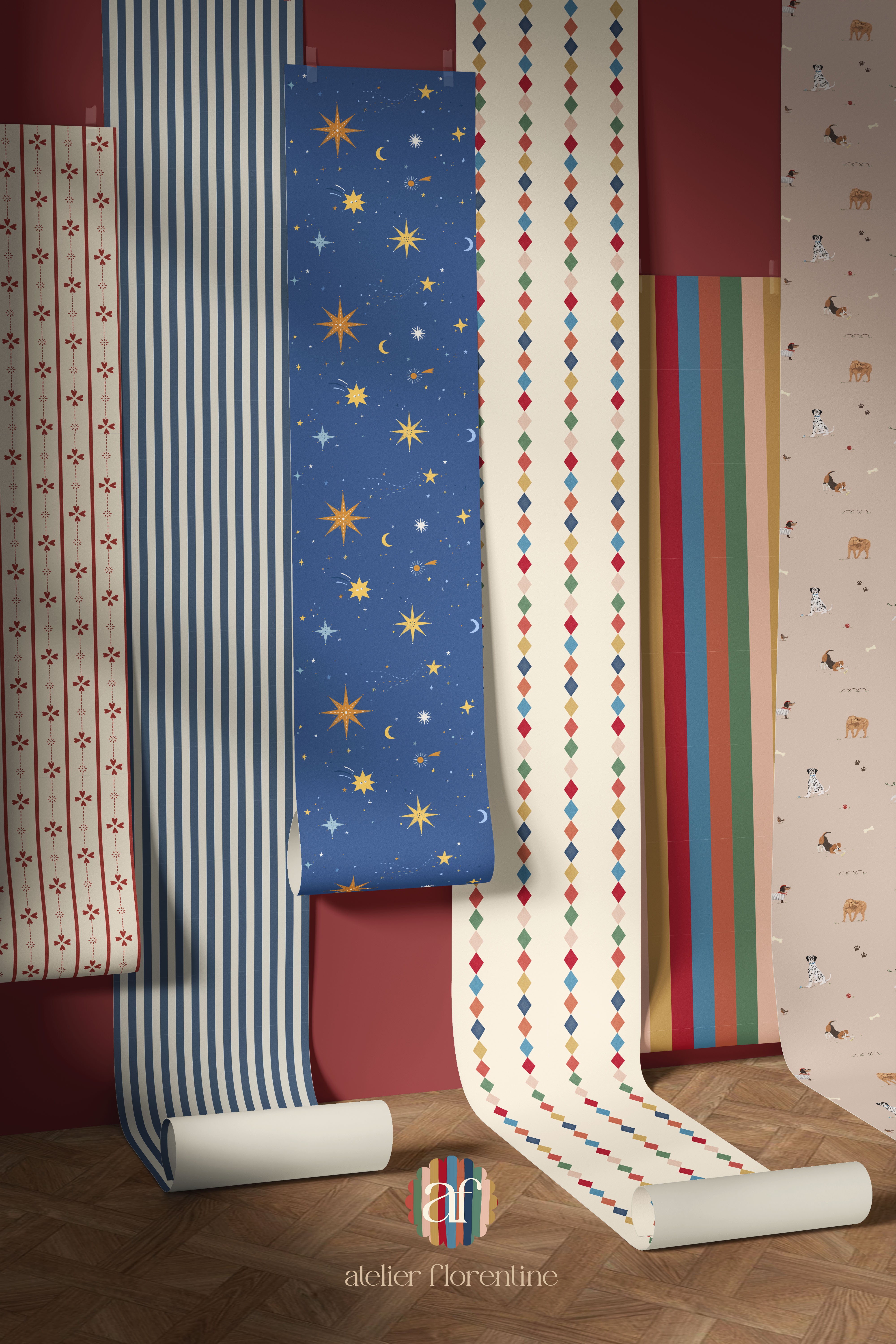 Colorful galaxy wallpaper for children’s rooms with bright stars and moons – timeless nursery wallpaper for kids.