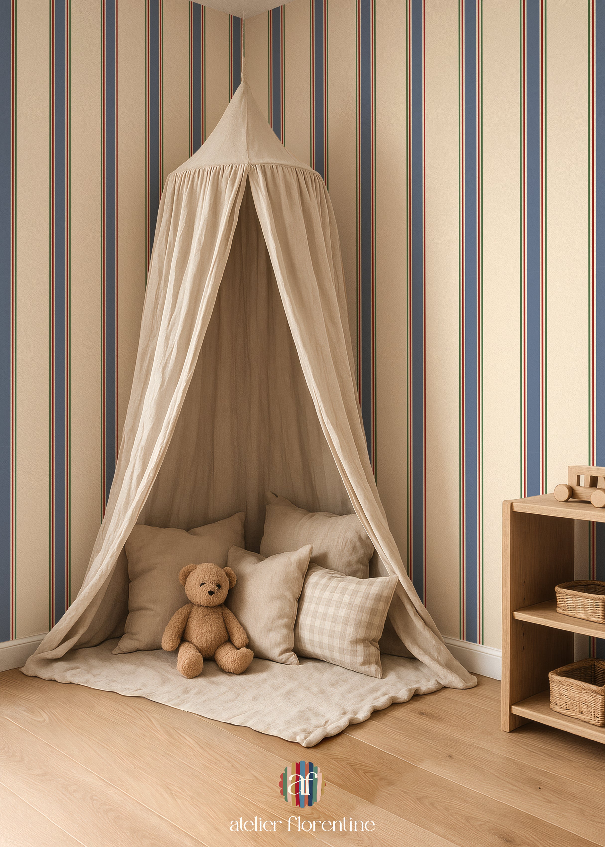 College Stripe Wallpaper -Blue, Red and Cream