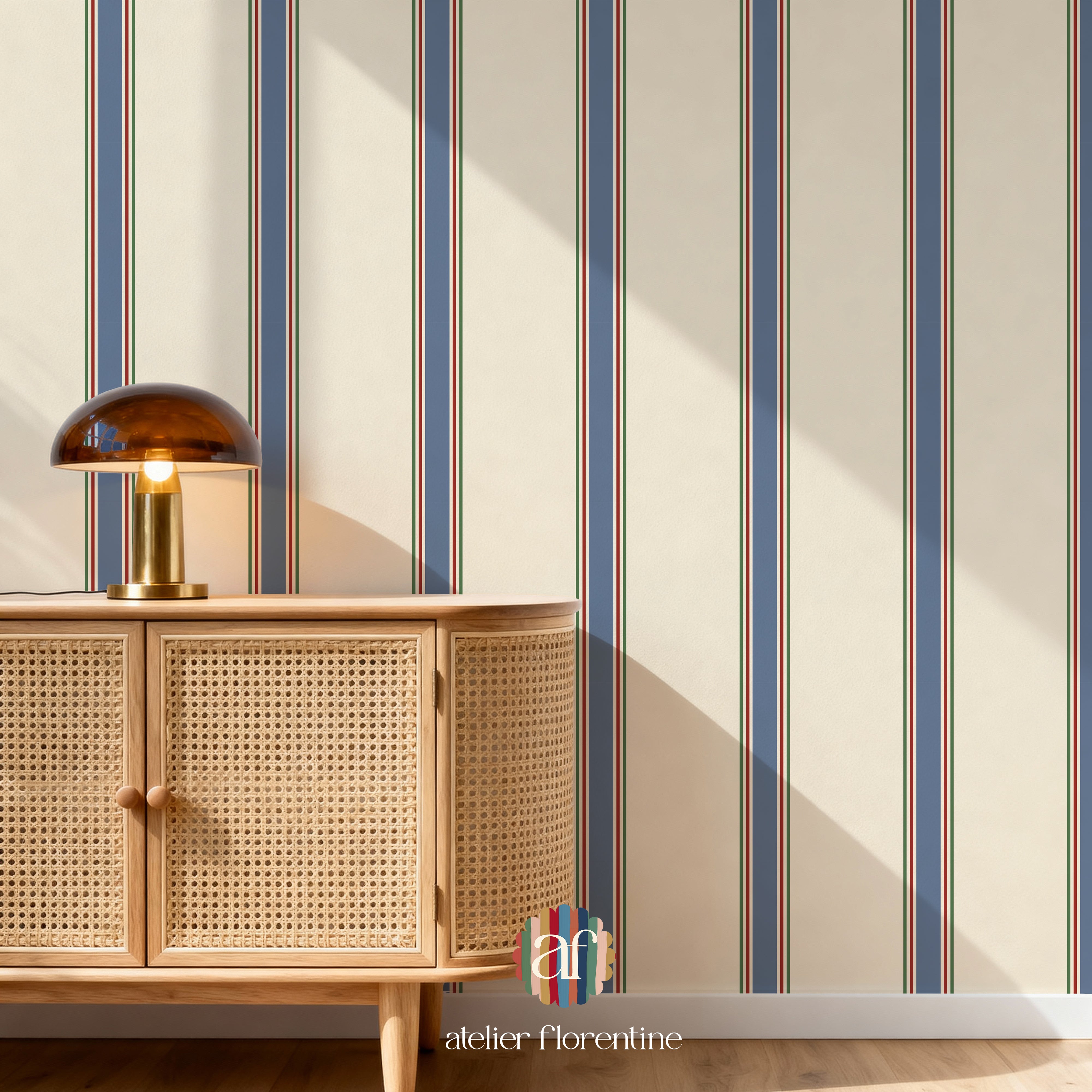 College Stripe Wallpaper -Blue, Red and Cream