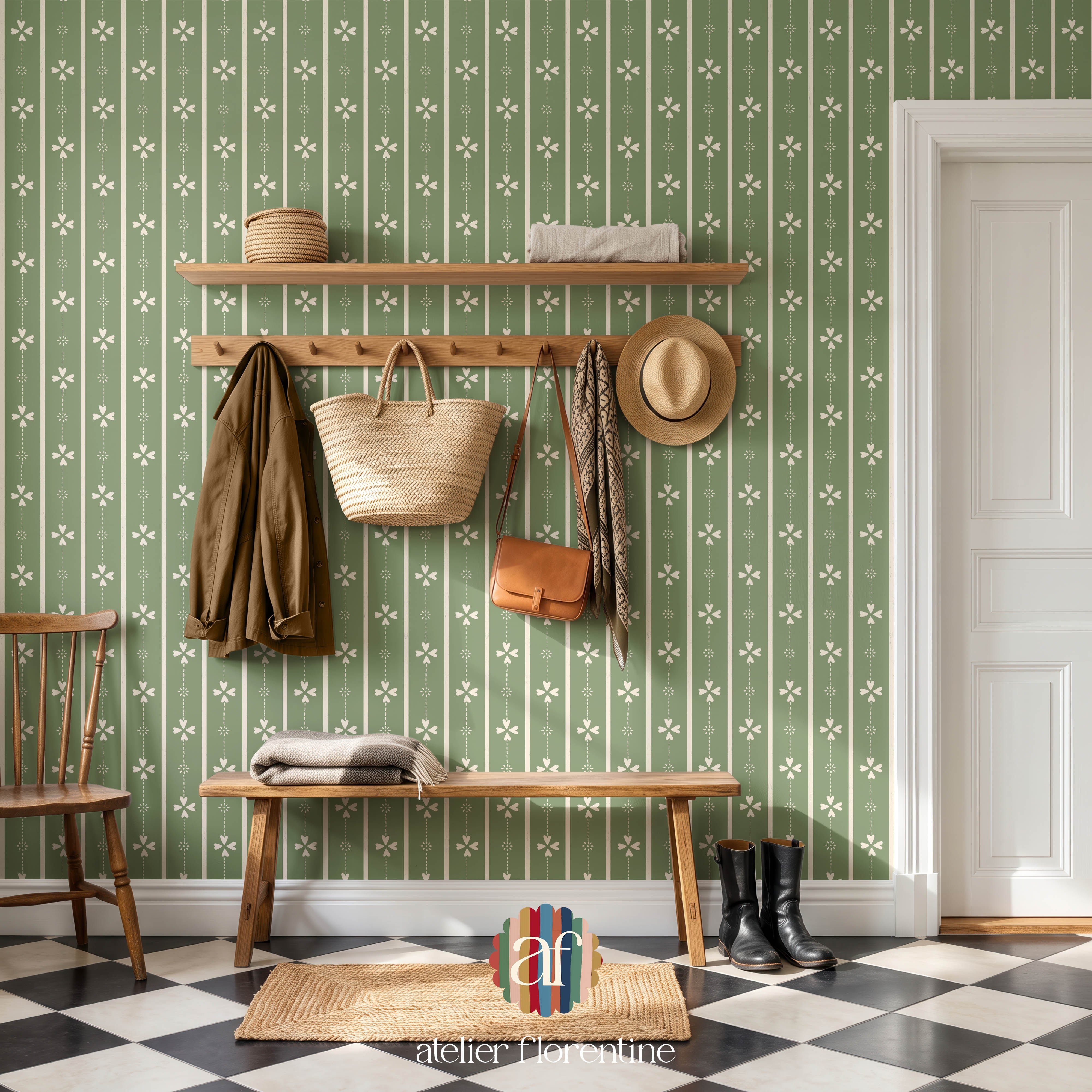Cottage stripe Wallpaper - Green and White