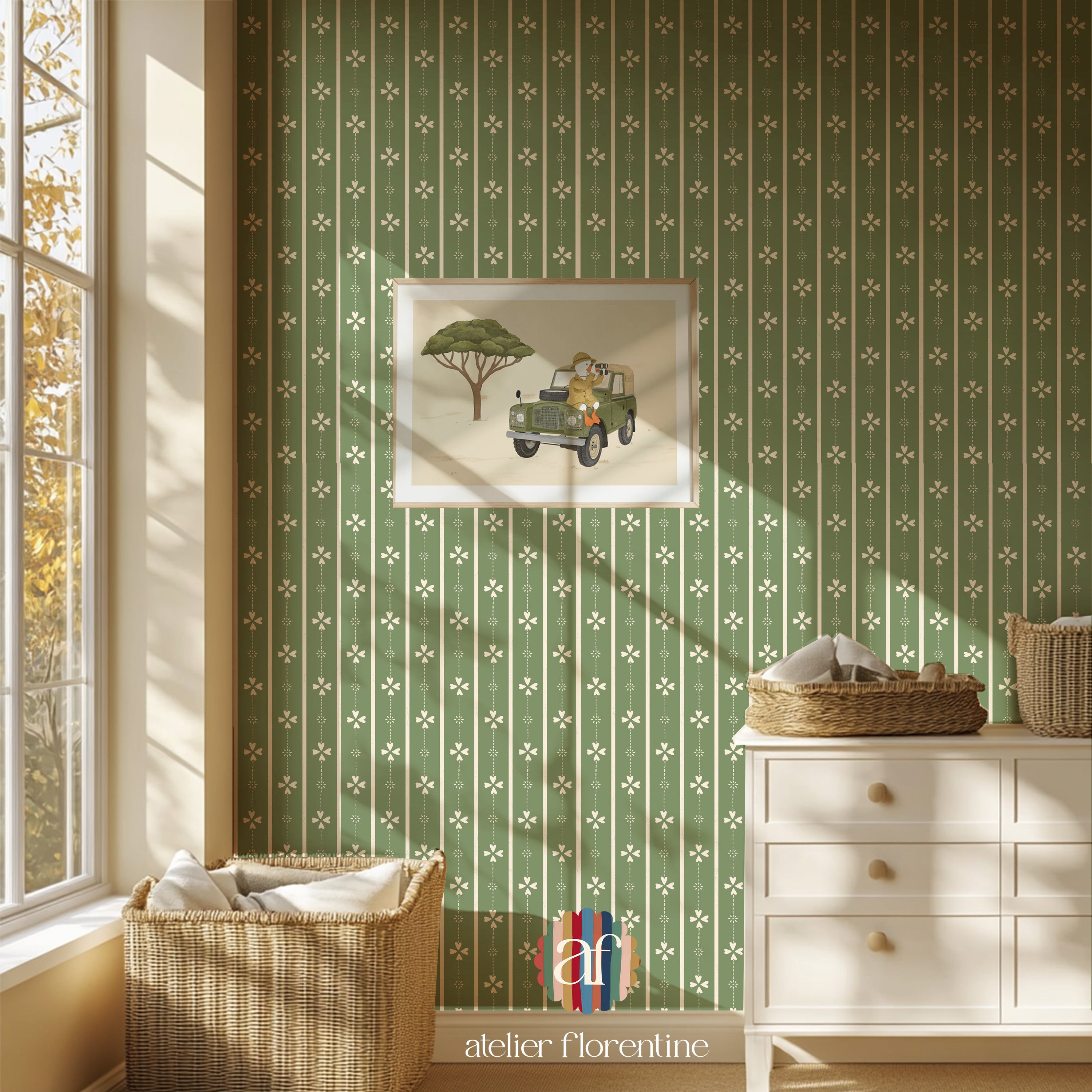 Cottage stripe Wallpaper - Green and White