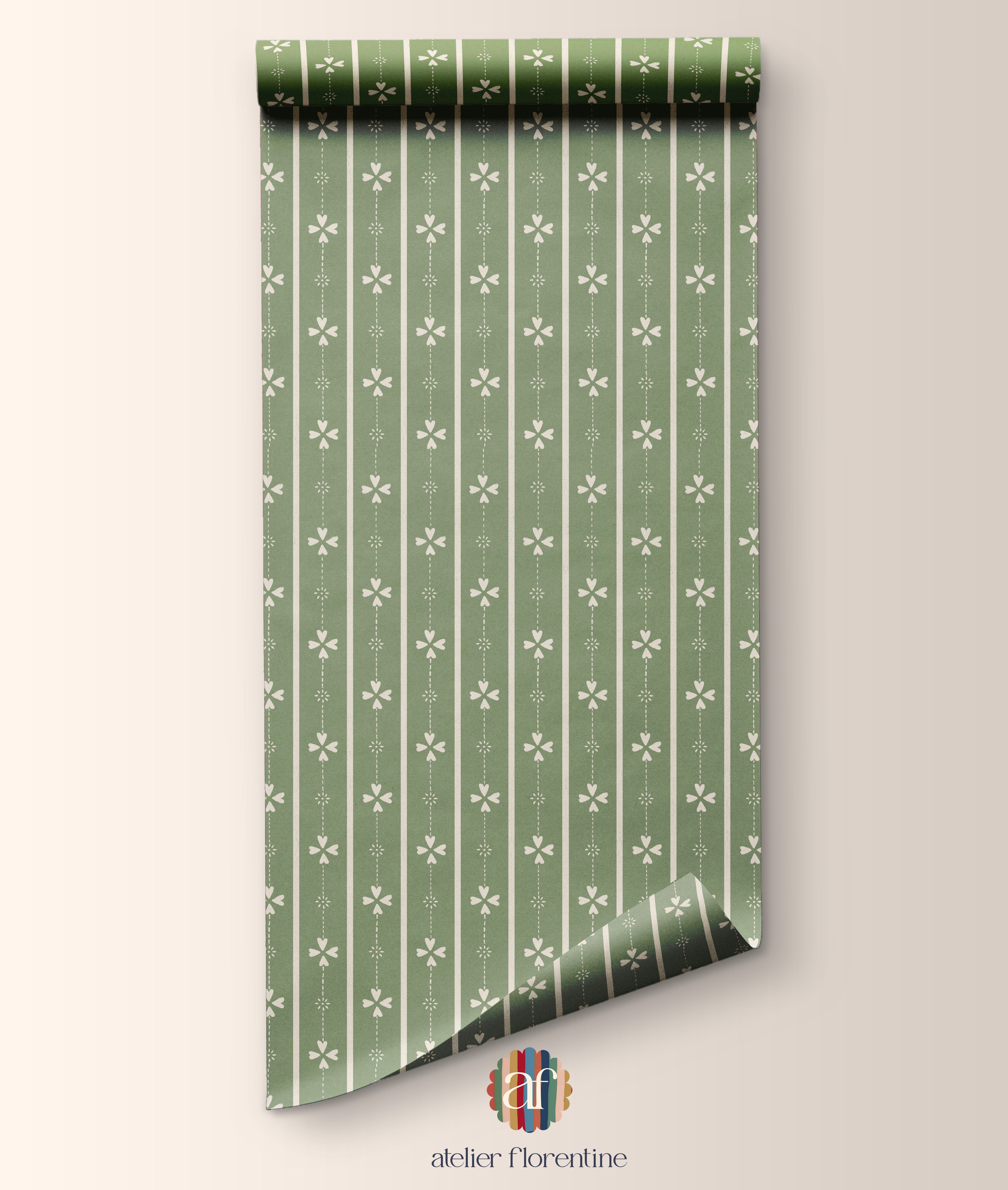 Cottage stripe Wallpaper - Green and White