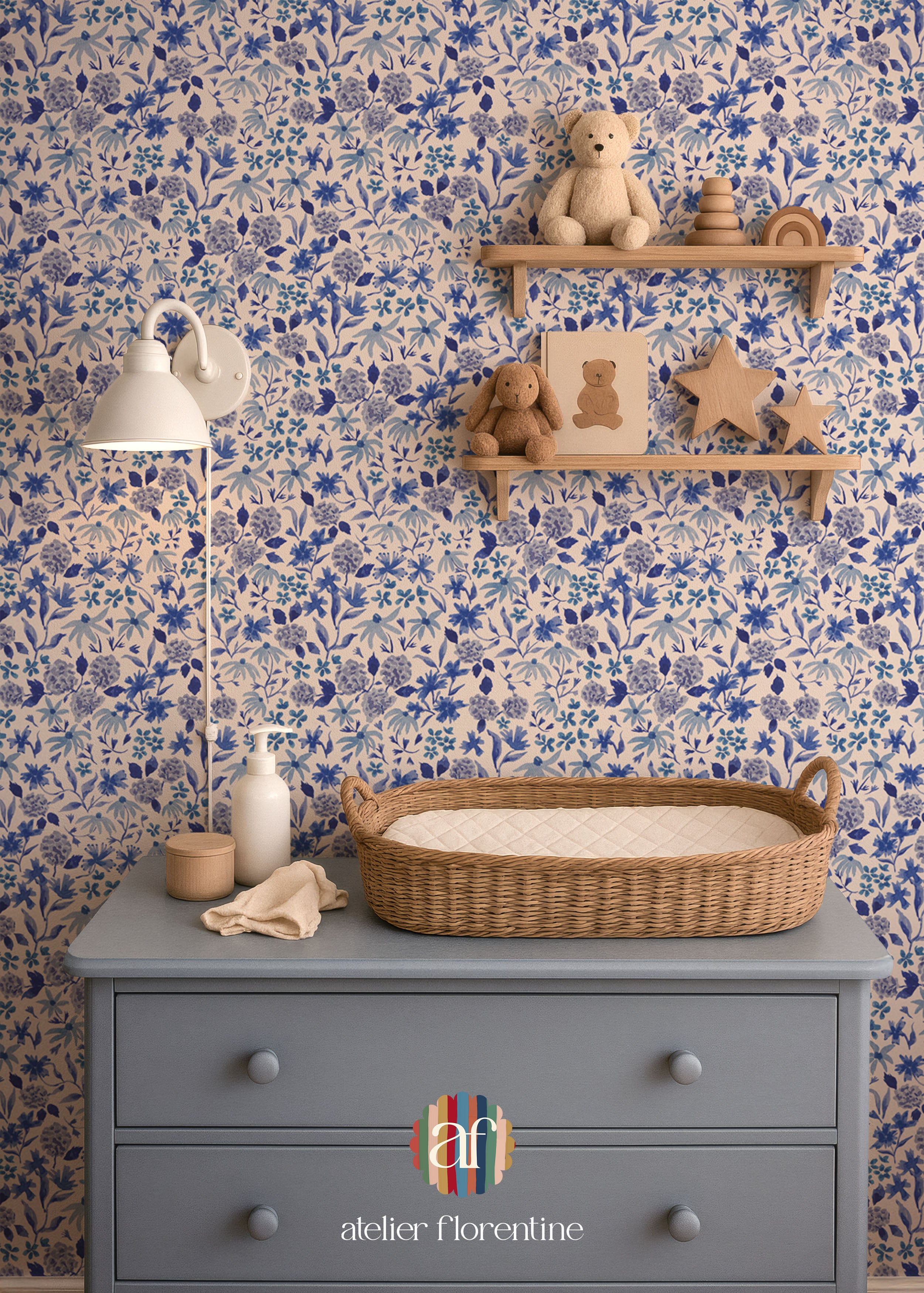 flower wallpaper for kids and nursery. Children's wallpapers with blue flowers