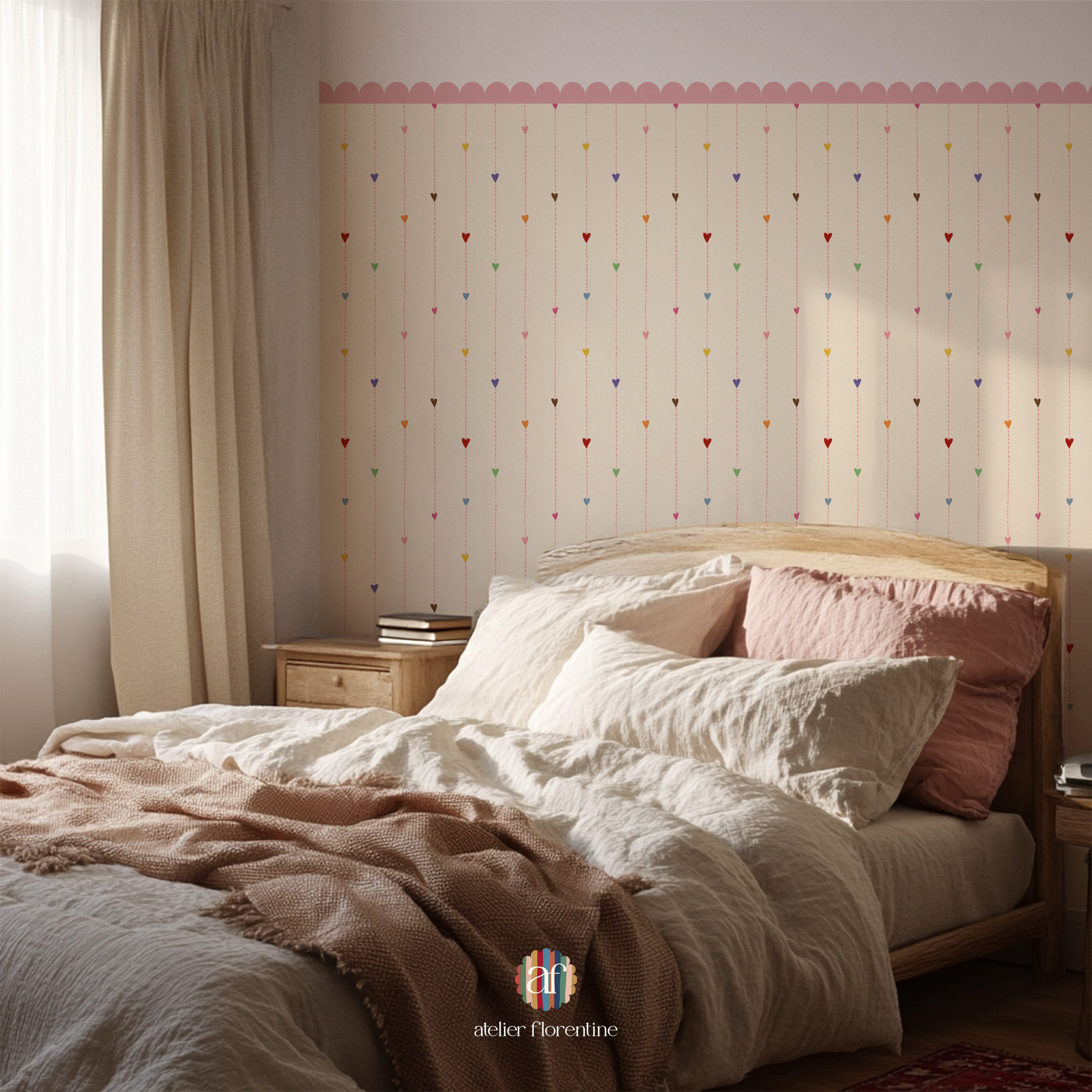 Playful heart-themed children’s wallpaper, ideal for creating a warm and cheerful kids’ room rainbow