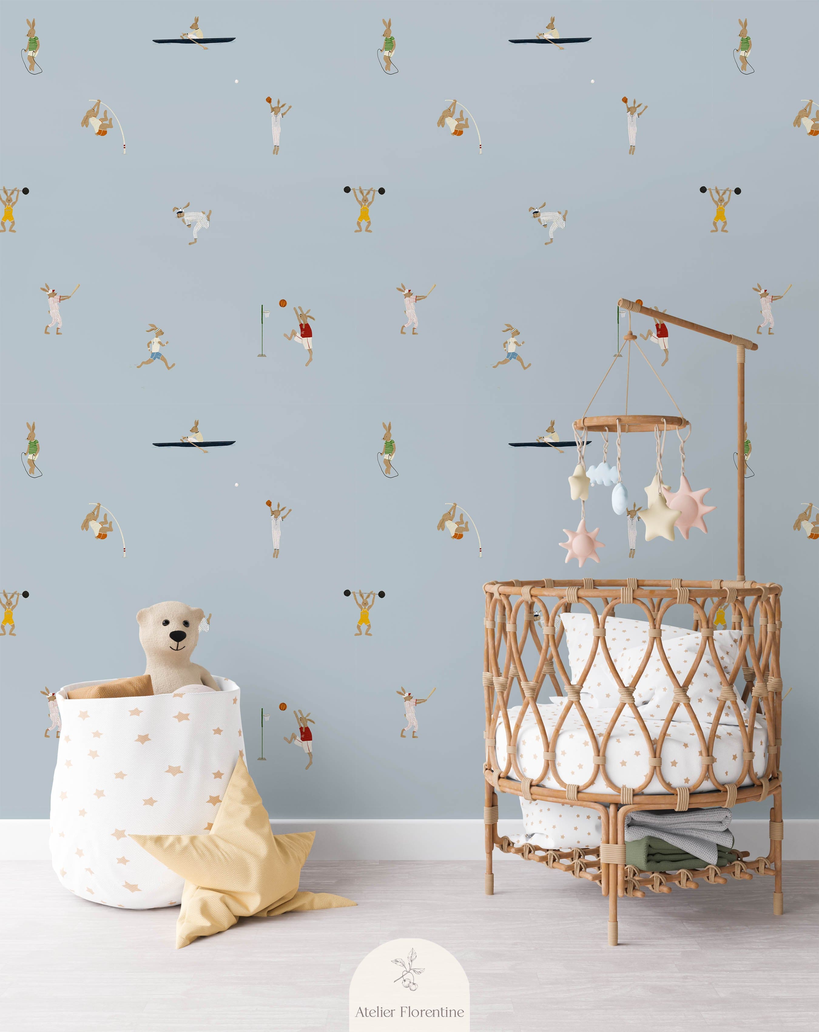 Sports bunnies blue wallpaper for children's rooms hand-painted design Amsterdam active theme