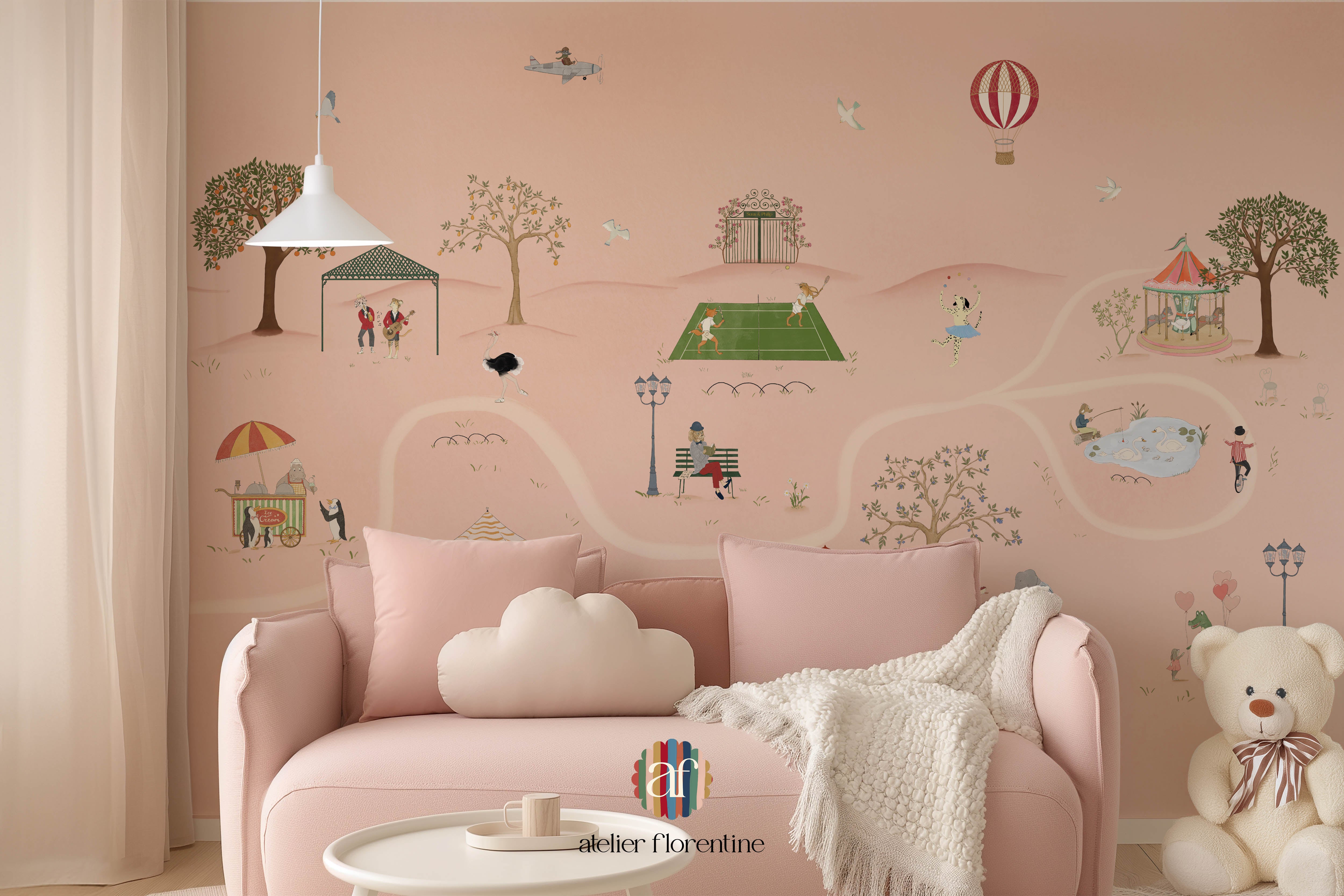 wallpaper for girls, park wallpaper, animals, pink, wallpapers, cute nursery decor
