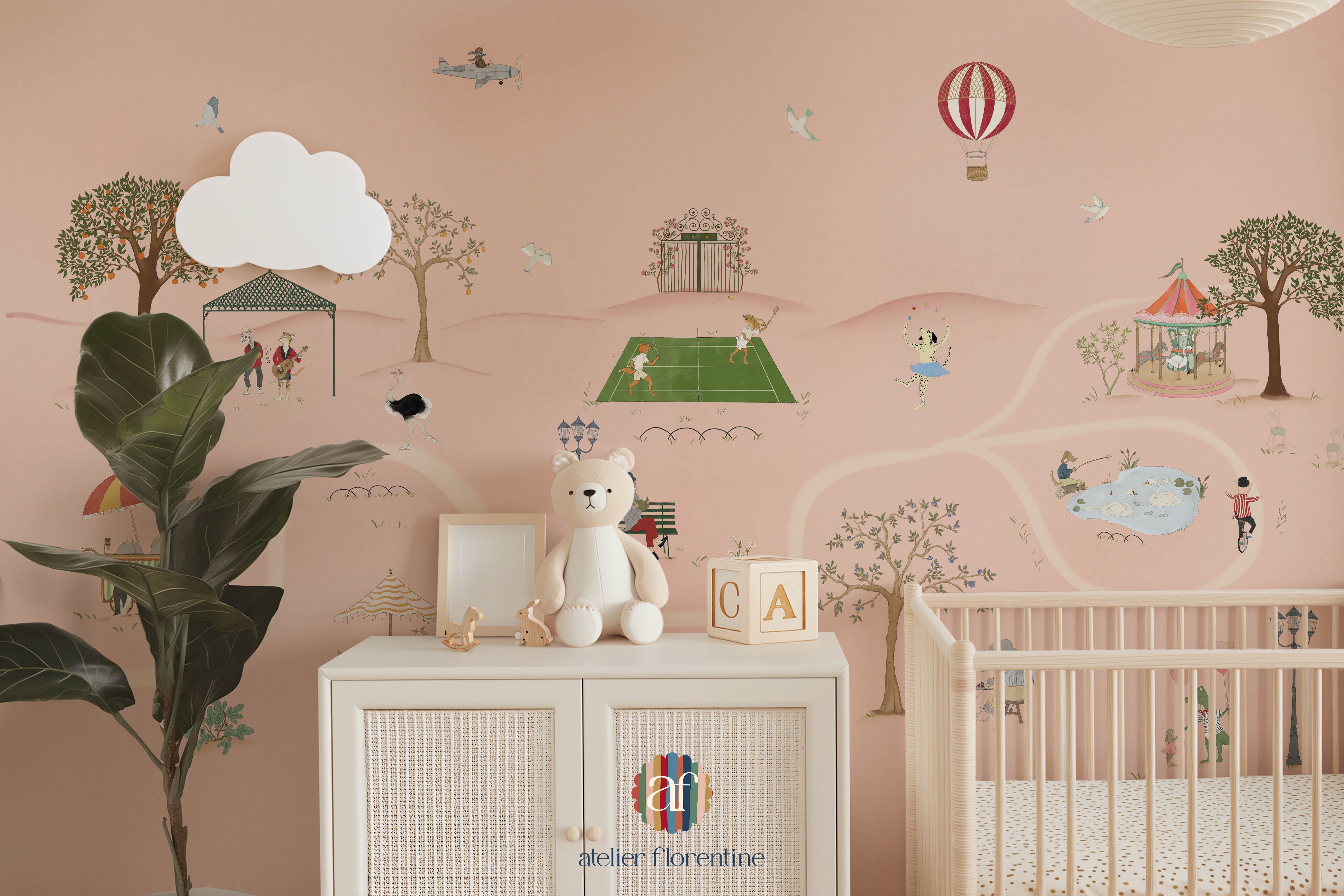 wallpaper for girls, park wallpaper, animals, pink, wallpapers, cute nursery decor