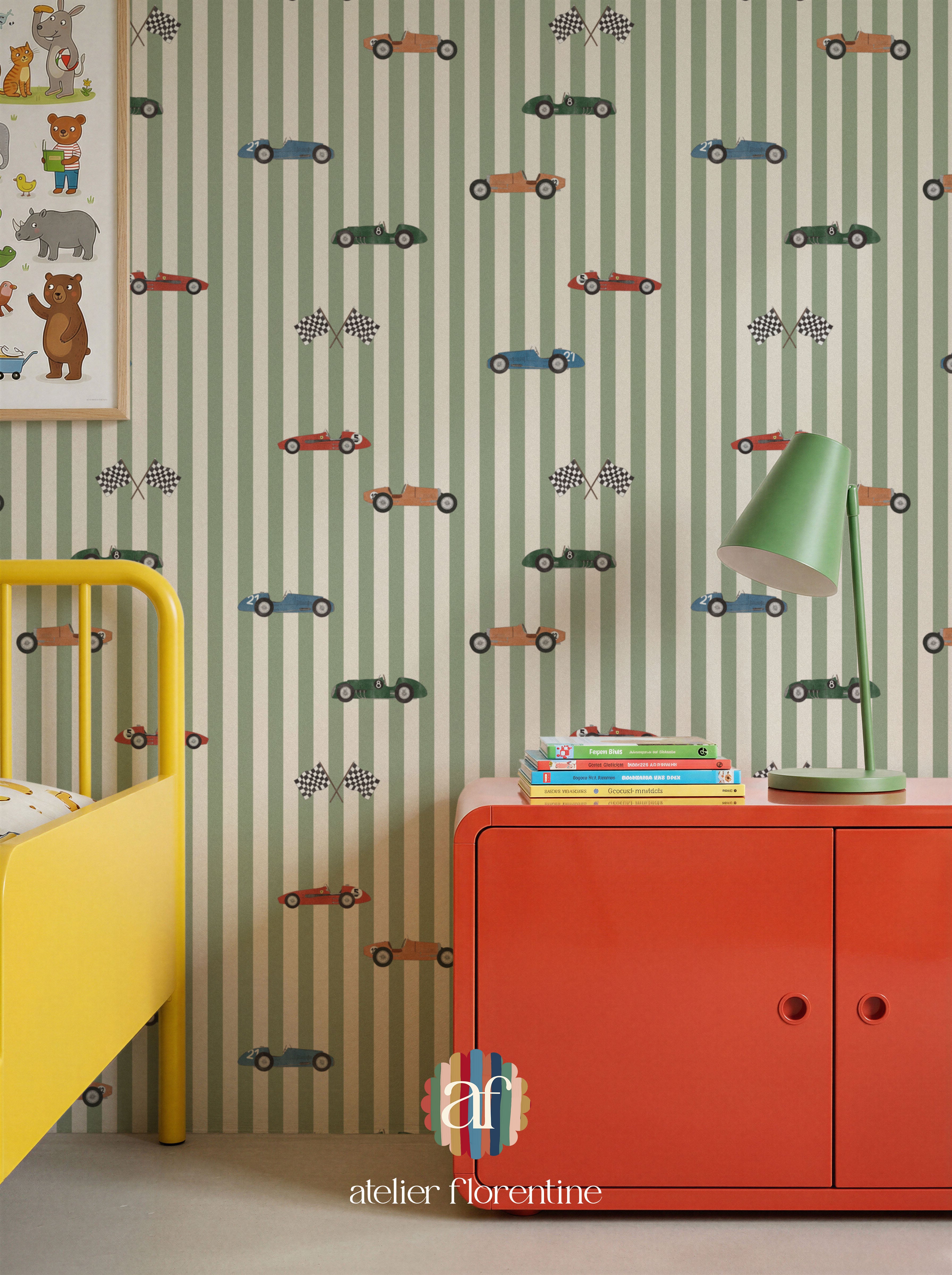 Race Cars Wallpaper - Stripes Green