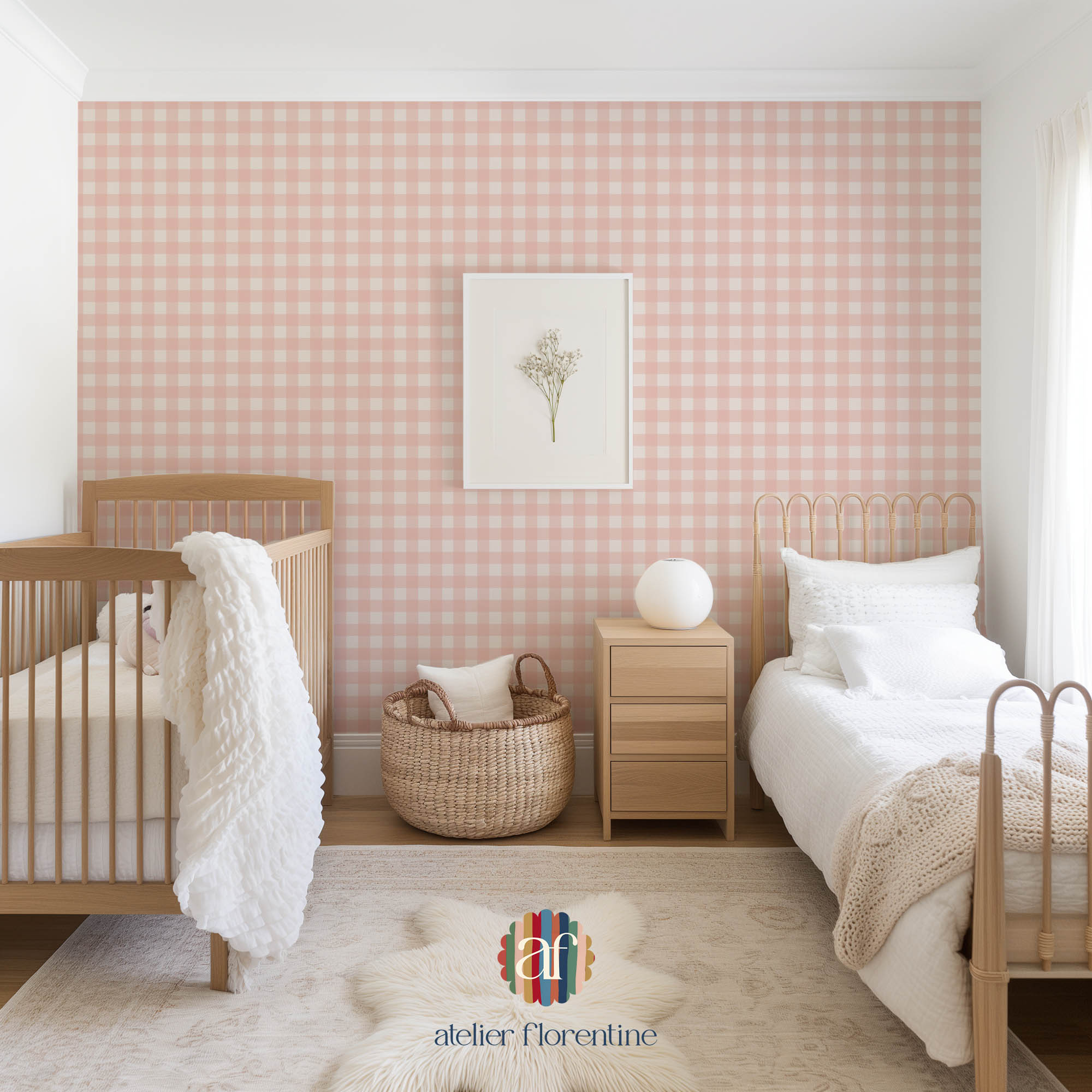 Children's wallpaper checks, checkered wallpapers nursery, kids decoration, peel and stick pink
