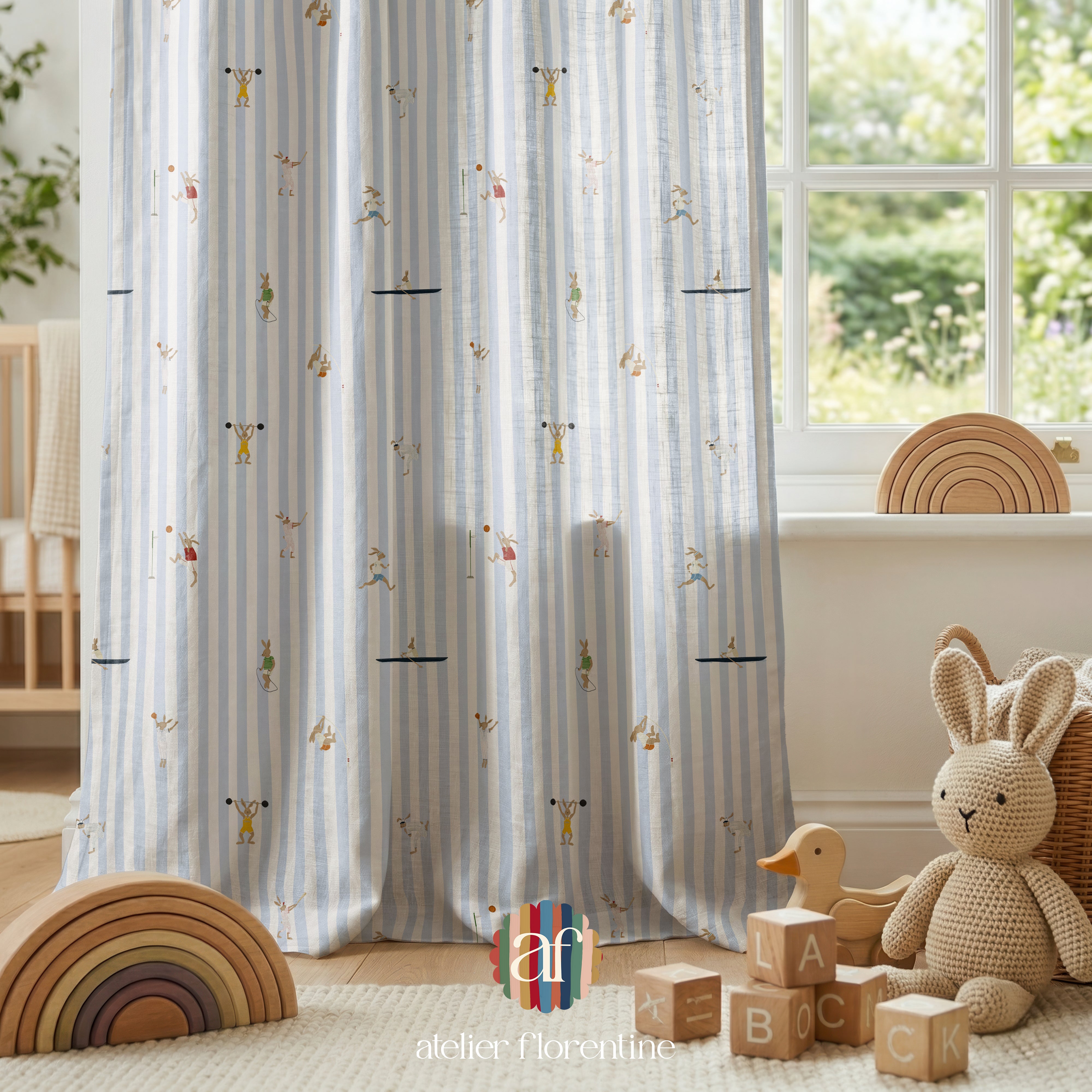 Nursery Fabric - Sports Bunnies Stripes Blue