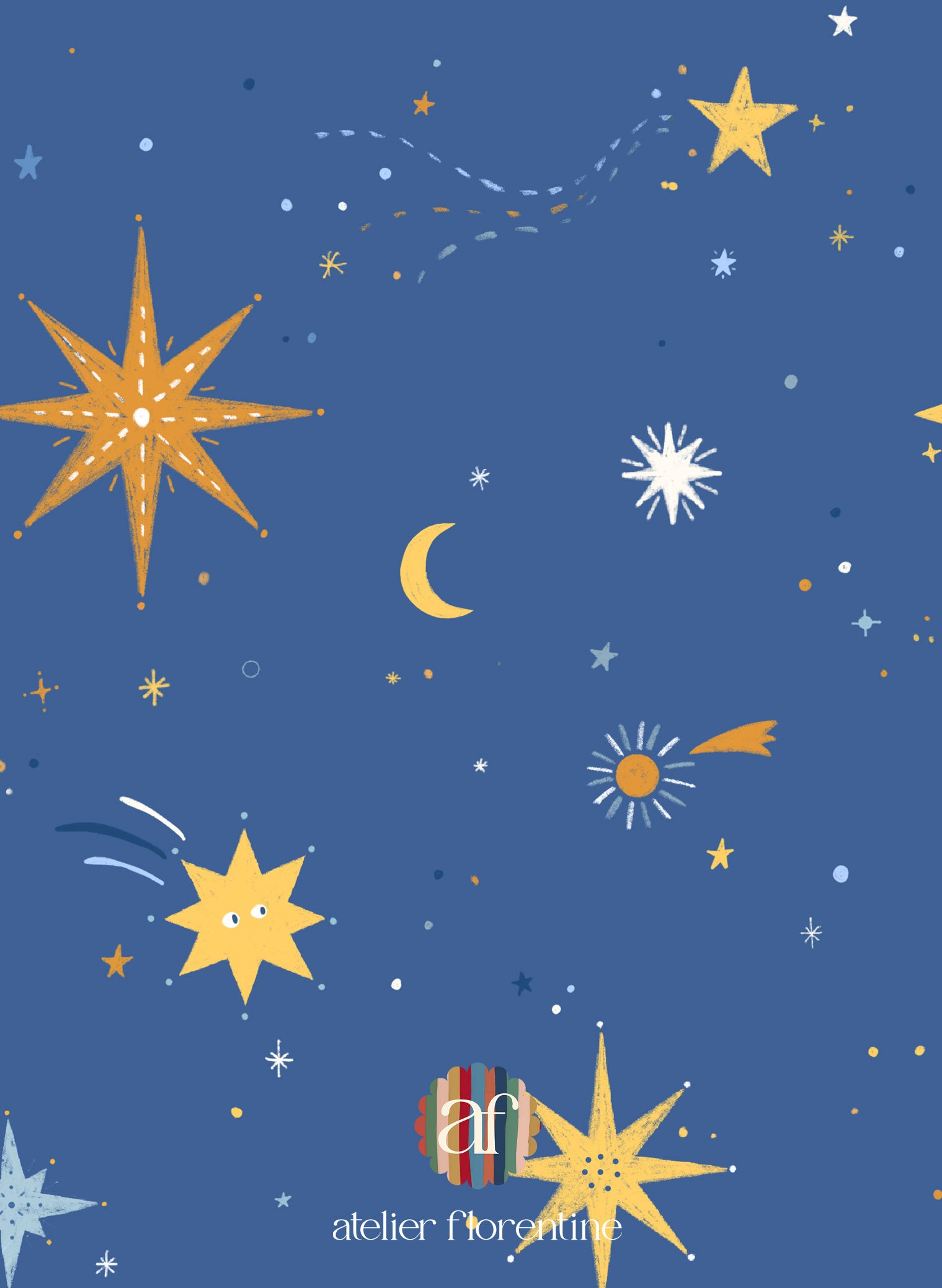 Galaxy wallpaper for kids with cheerful stars and moons in bright, neutral colors – perfect nursery wallpaper for boys and girls
