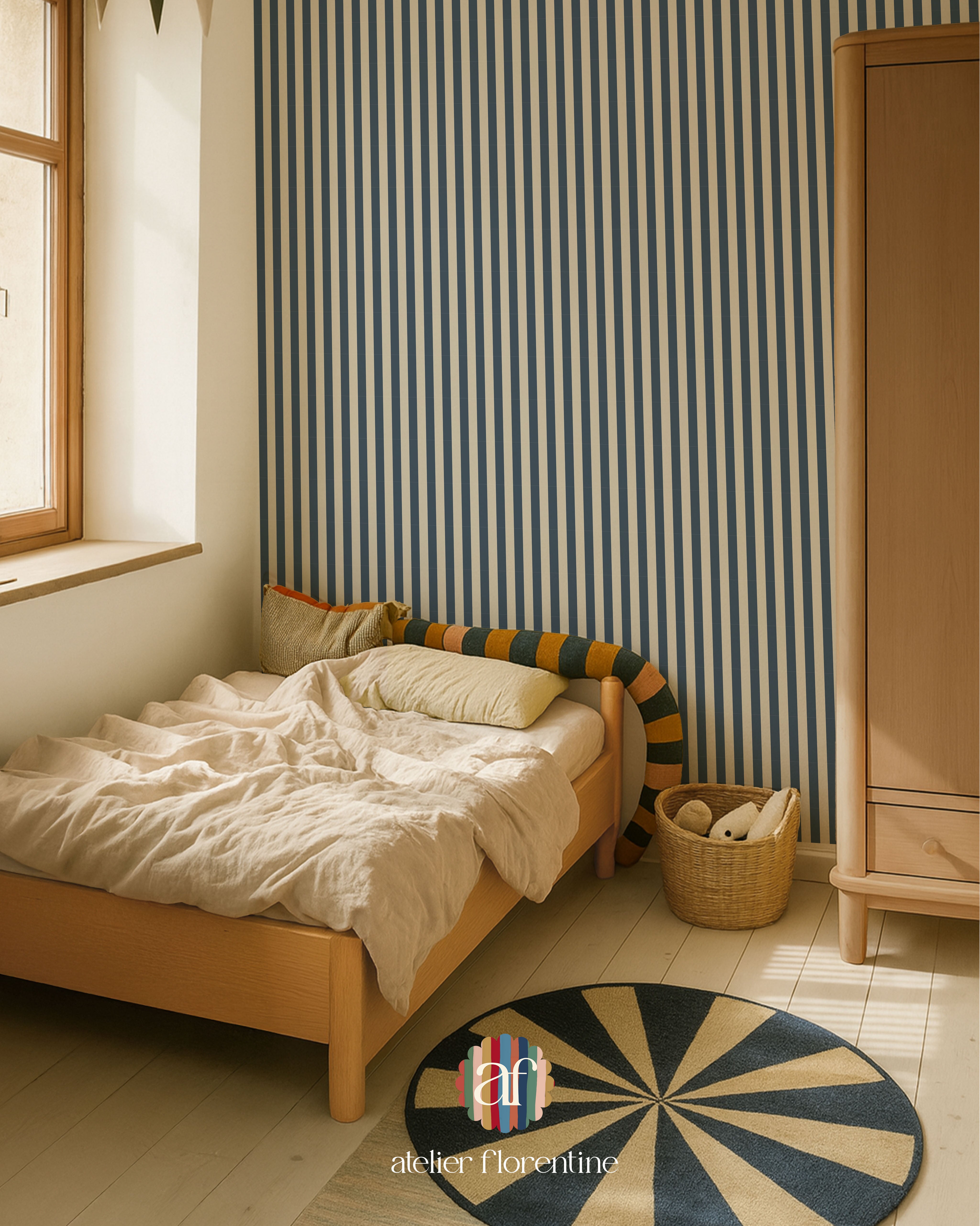 Children’s wallpaper with dark blue stripes, perfect for kids’ bedrooms and nurseries