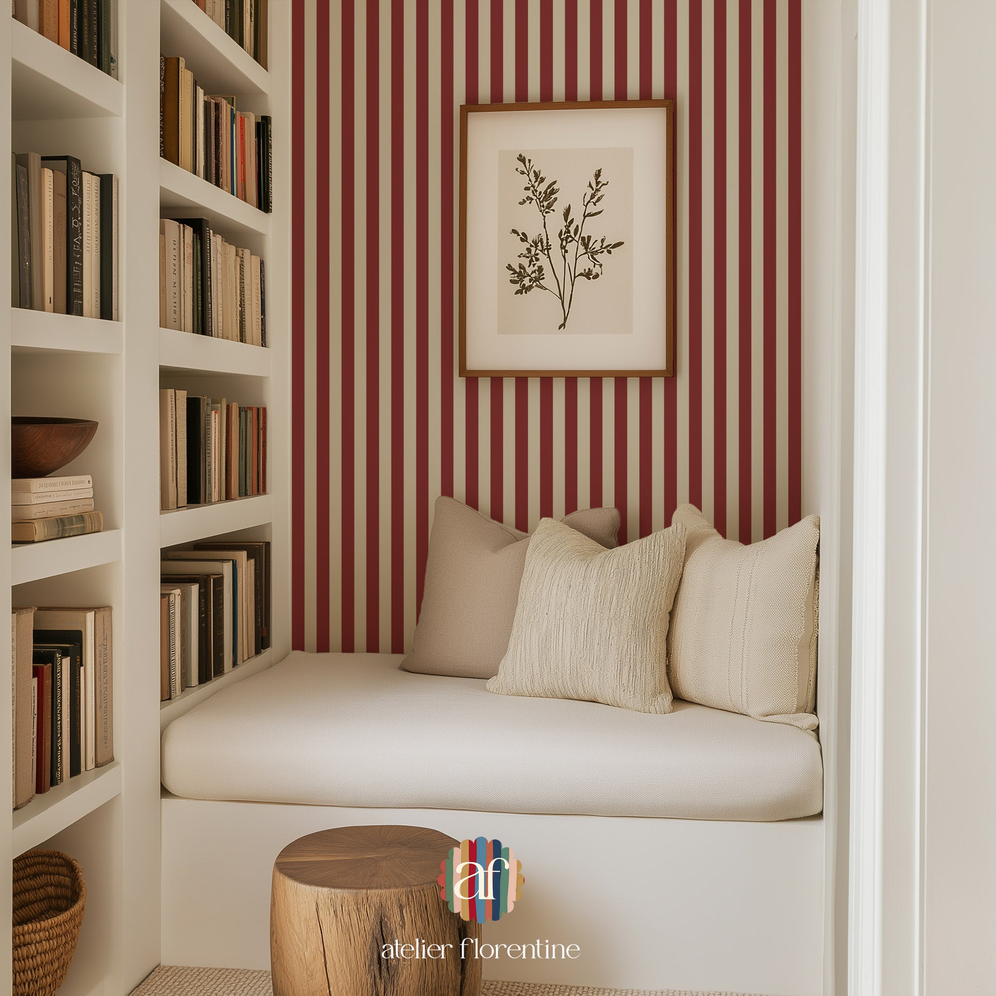 Children’s wallpaper with red stripes, perfect for kids’ bedrooms and nurseries