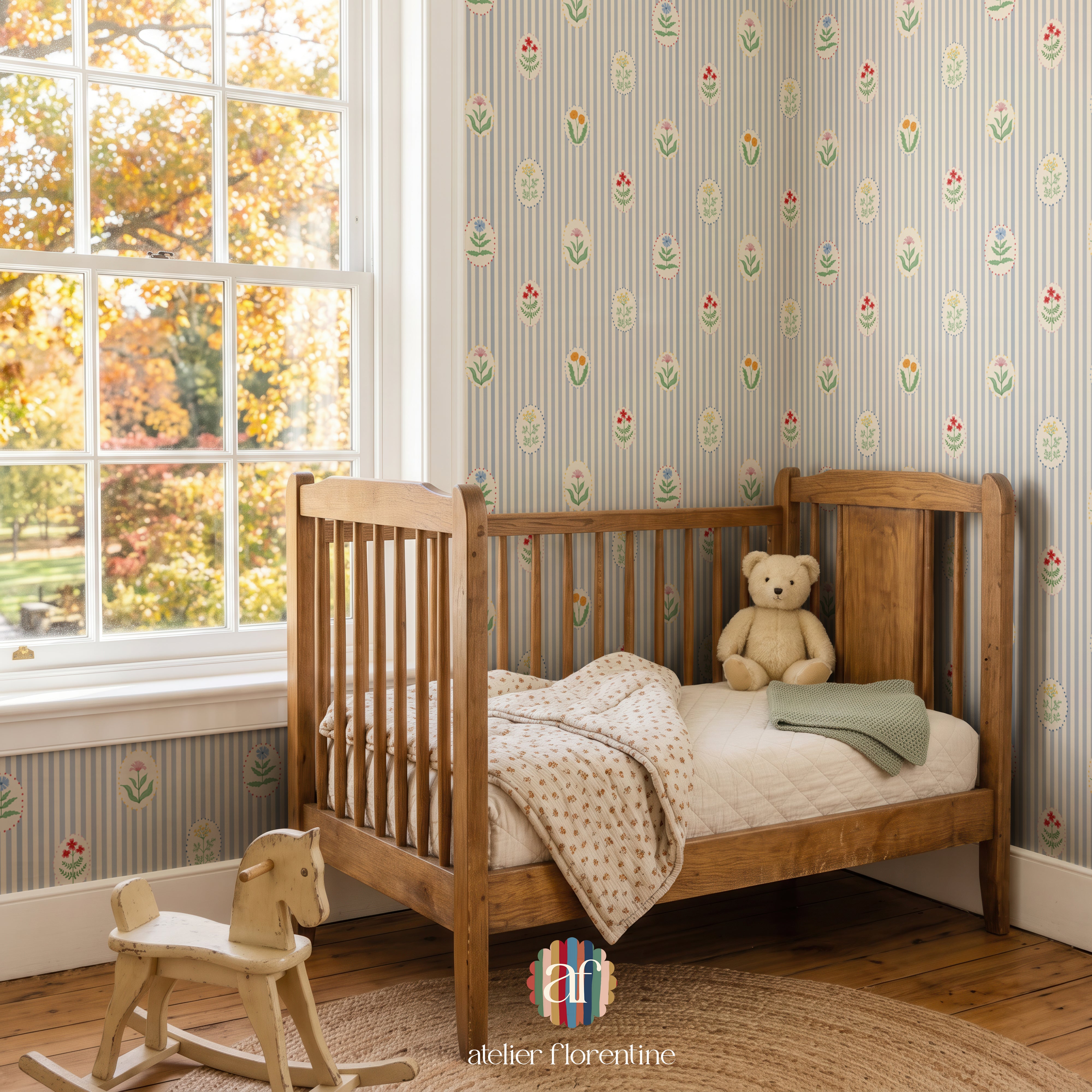 Flower Garden Wallpaper - Striped blue