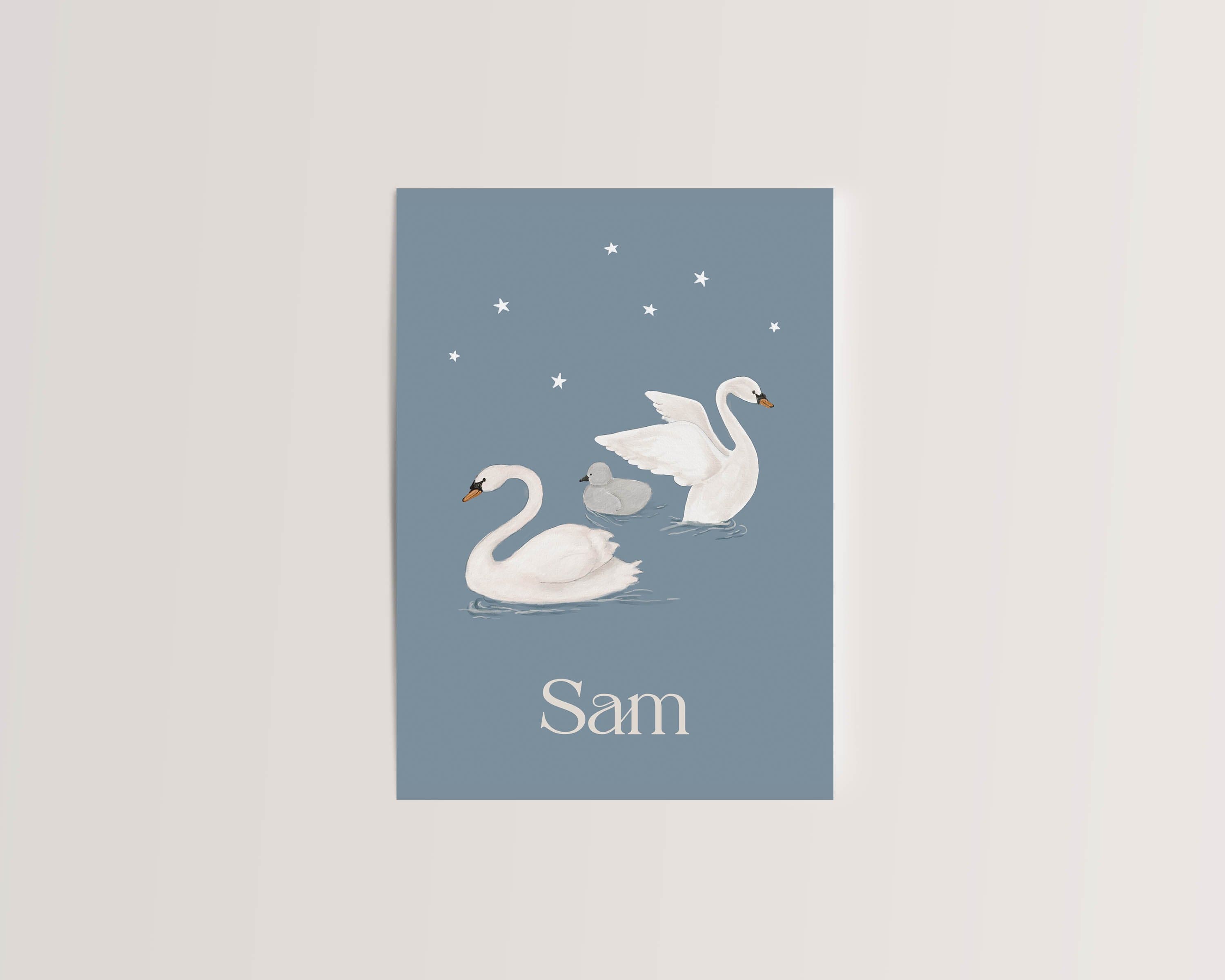 Birth announcement card Swans