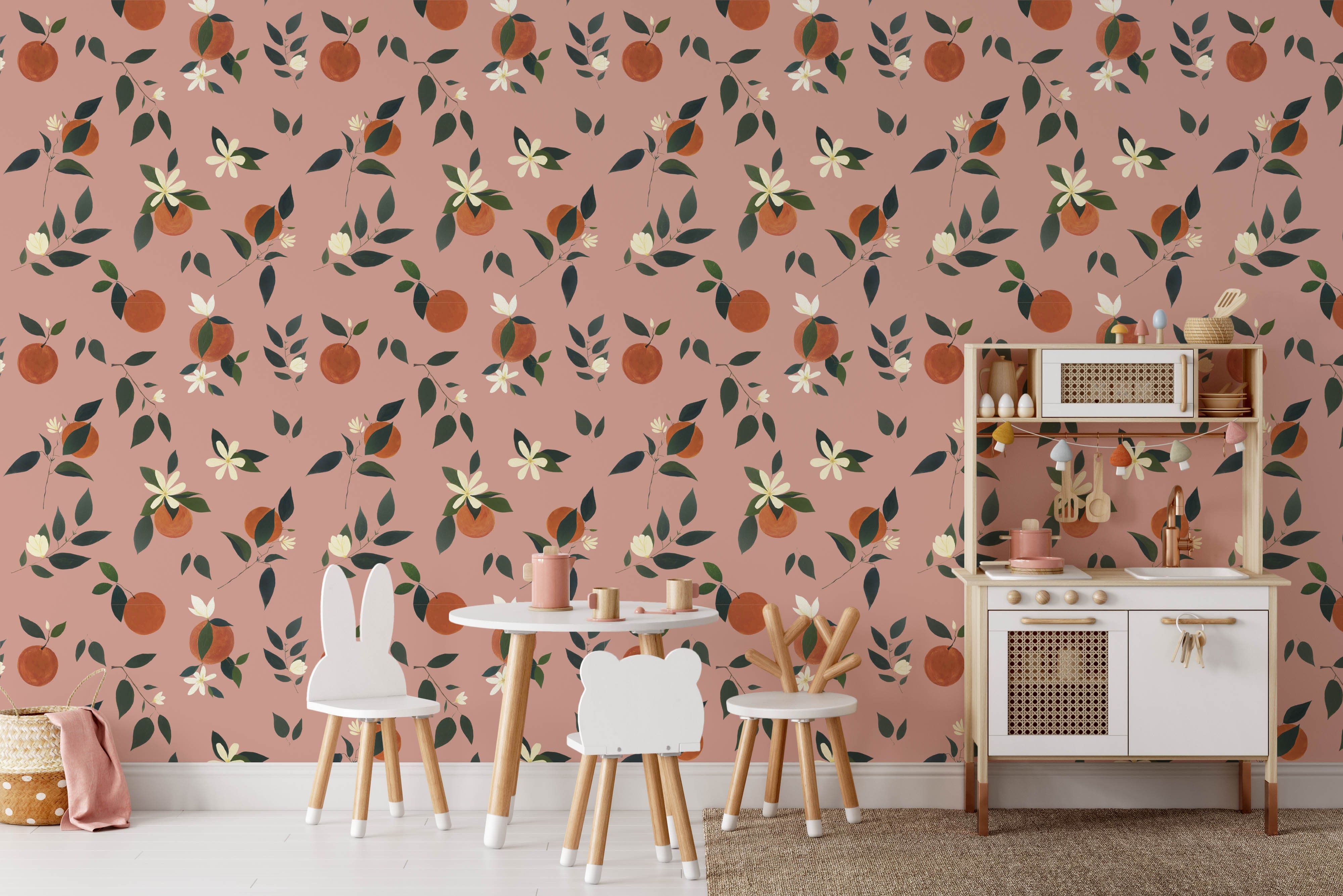 Wallpaper Oranges for kids and nurseries, nursery wallpaper for girls pink fruit
