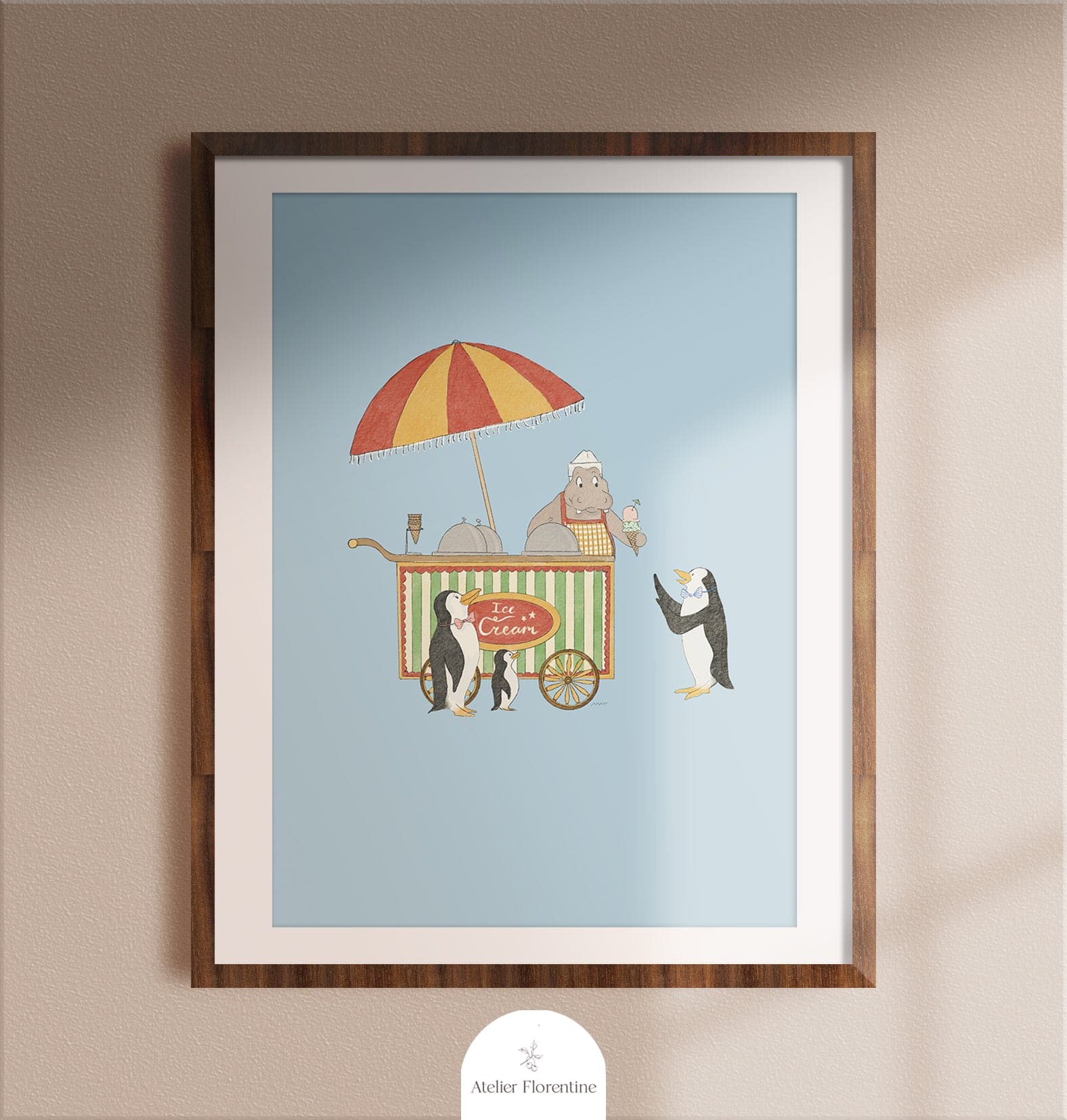 Art for children poster with hippo and ice cream nursery decor