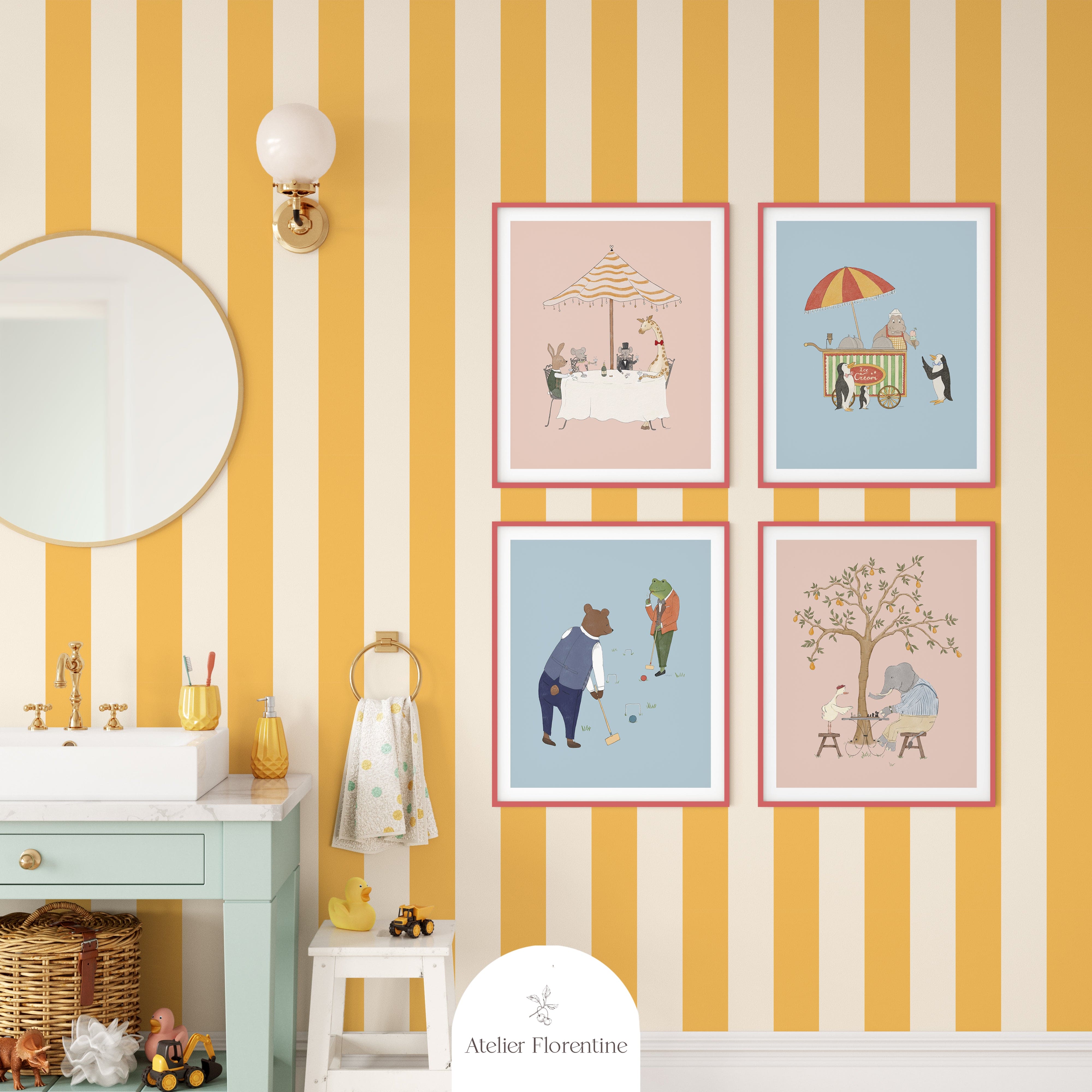 Wall art for children poster with hippo and ice cream nursery decor 